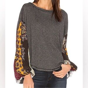 Free People Charcoal Top with Paisley Sleeves